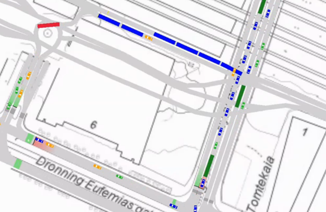 Forskerne simulerer trafikken rundt Jernbanetorget, og tester ulike løsninger.